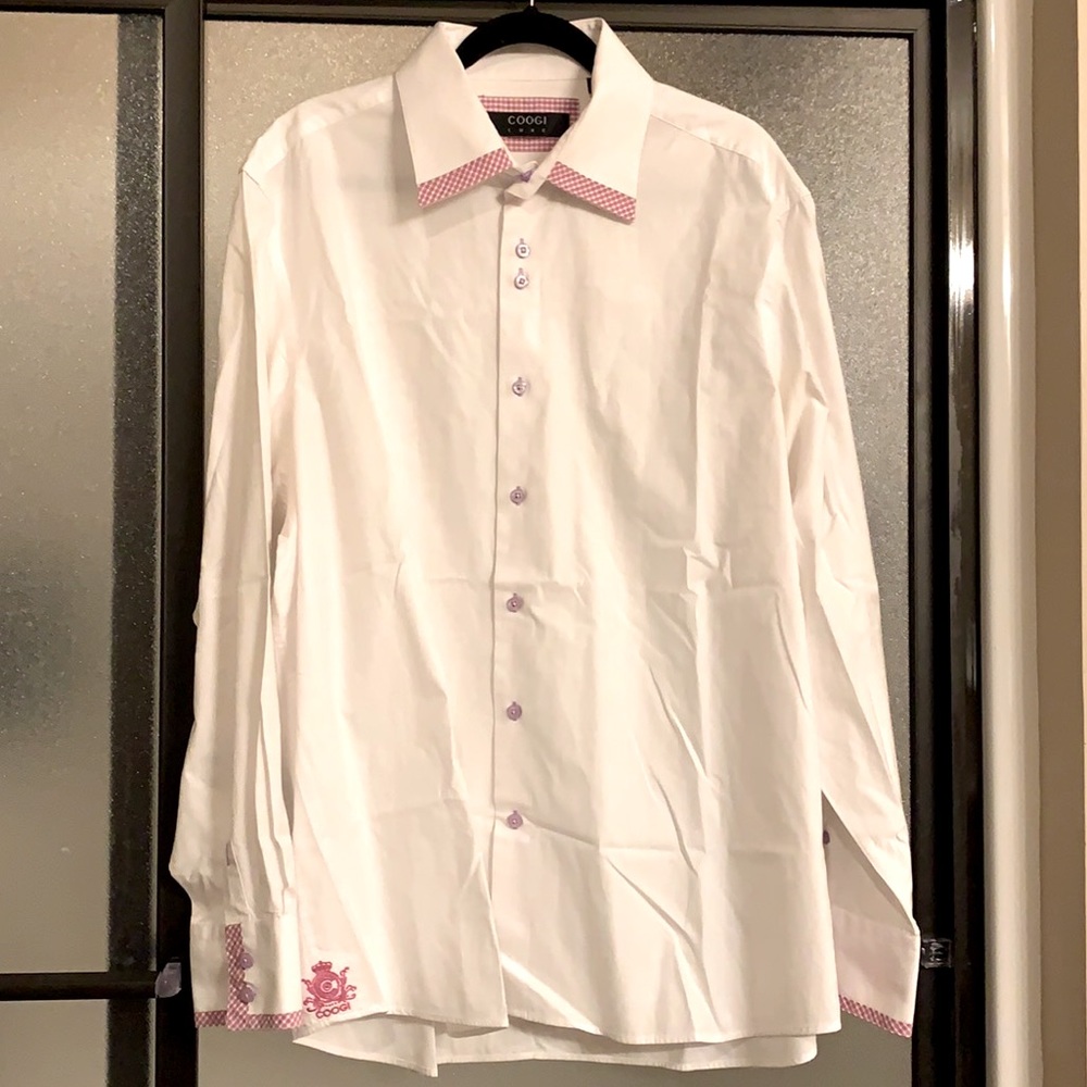 Men’s 3XL COOGI LUXE button down. Silky cotton w/ pink gingham trim EUC